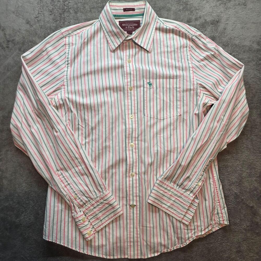 Abercrombie & Fitch Button Up Shirt Mens XL White Striped Long Sleeve Muscle